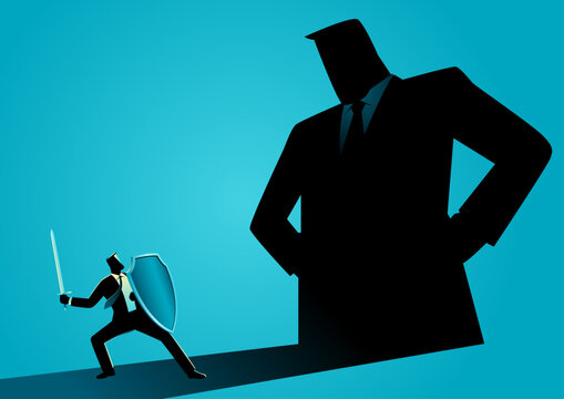 Businessman overshadowed by the shadow of a giant, representing business competition, unequal market power, corporate dominance, and the struggle of small businesses against larger competitors.