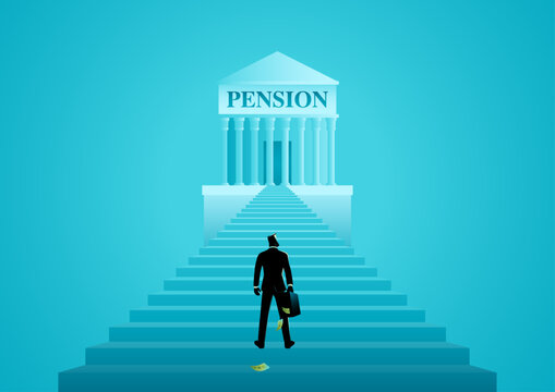 Businessman climbing stairs toward pension fund building, retirement planning and long term savings concept