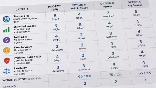 Strategic Option Evaluation Matrix Comparing Build In House Versus Buy Solution