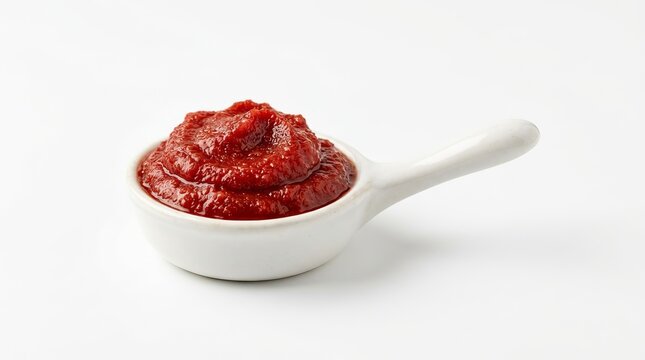Rich red tomato paste in a small white ceramic dish, perfect for cooking.