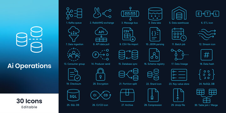 Cloud database icons with data flow and operational concepts on blue gradient background vector graphic