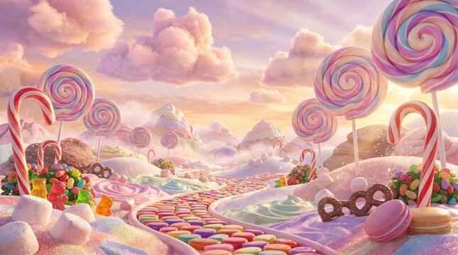 Whimsical candy land landscape with a colorful path made of sweets, giant lollipops, candy canes, and marshmallow hills under a dreamy pastel sunset sky