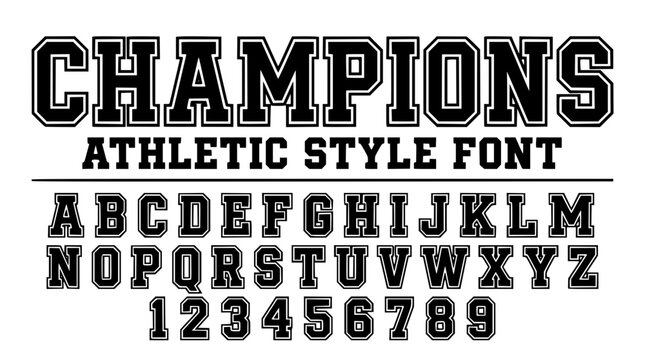 Champions athletic style font with alphabet and numbers illustration