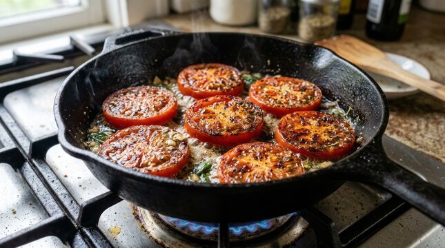 Fresh tomatoes and herbs sizzling in a cast iron skillet on a gas stove, preparing a delicious meal.