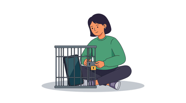 Person locking a digital device inside a cage with a padlock