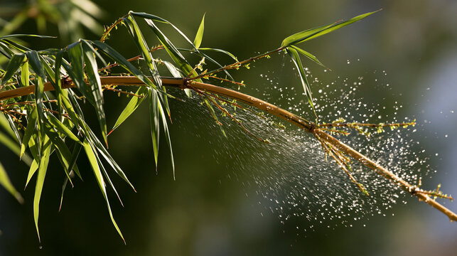 flinging. A flexible bamboo branch recoiling, flinging water droplets into the air. gardening catalogs, home-decor guides, designed for home decor and floral branding, used by procurement managers.