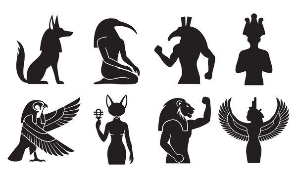 Set of eight black silhouette depicting ancient egyptian gods and goddesses, including anubis, thoth, horus, bastet, and winged deities, isolated on a white background
