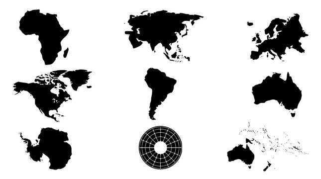 Various vector world maps in black on white background illustration