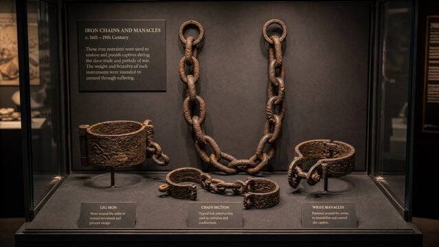 Ancient rusted chains and manacles displayed inside a museum glass case under soft lighting.