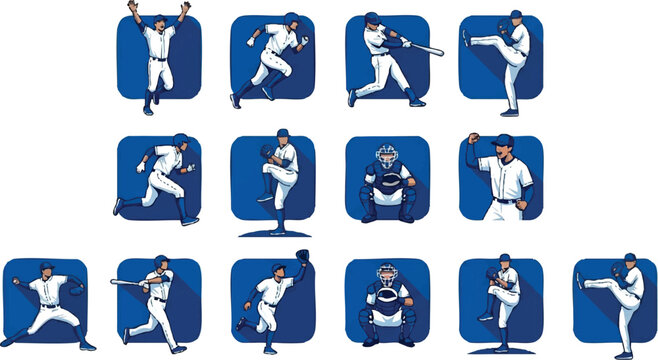 Baseball player poses and movements variety.