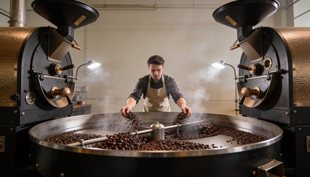 Stirring adult male coffee roaster wearing beige apron and dark shirt, cooling beans on round tray