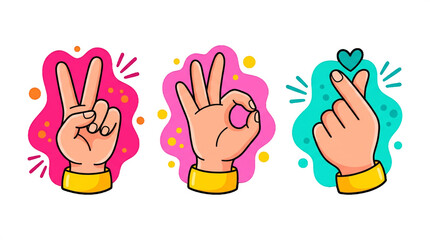 Fototapeta premium Hand gestures vector set with peace sign, ok sign, and Korean finger heart on transparent Background. Trendy hand expressions illustration, positive gestures pack, pop art vector.