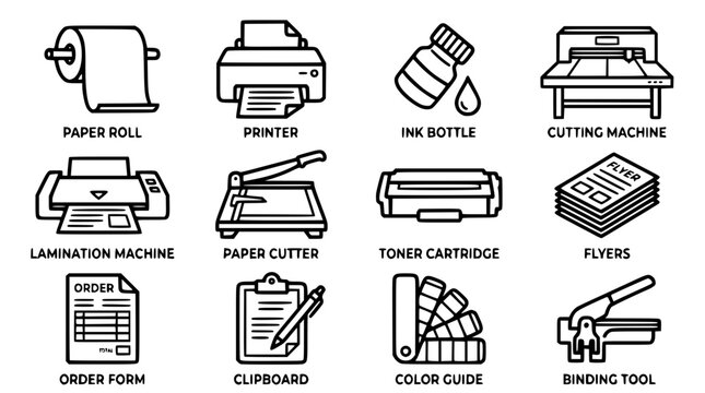 Vector graphic illustration of various office printing supplies and equipment