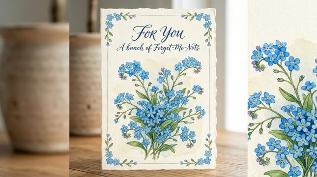 Delicate forget-me-not floral card conveys heartfelt sentiments and remembrance.