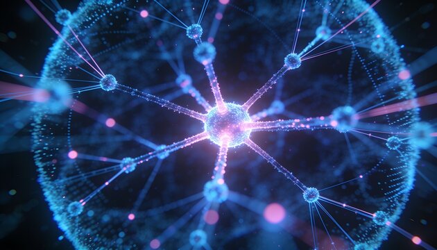 Radiating central hub sphere connecting glowing filaments to peripheral nodes in dark void