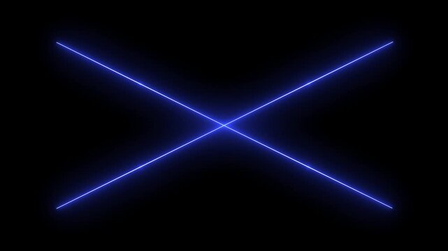 minimal geometric neon light beams intersecting on dark abstract background.