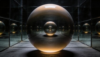Fototapeta premium Glowing glass sphere casting echoing reflections in mirrored chamber with seams, warm light beneath