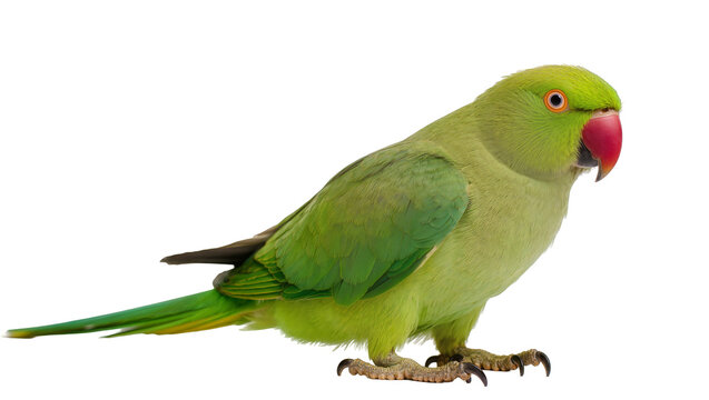 Green Indian ringneck parrot with red beak, isolated on transparent background