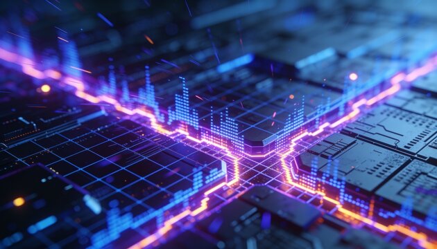 Glowing X-shaped neon traces pulsing across macro PCB, emitting sparks and rising blue data bars