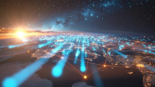 Global digital network connecting cities on earth from space at night