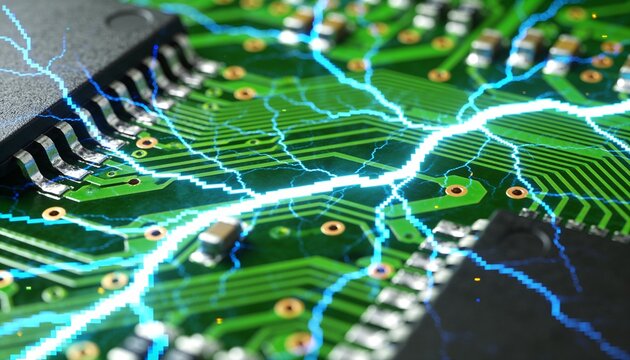 Showing printed circuit board with ICs and blue electric arcs over copper traces in lab