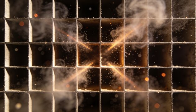 Releasing central grid cell radiating cross-shaped warm light in close-up, with smoke, dust, bokeh