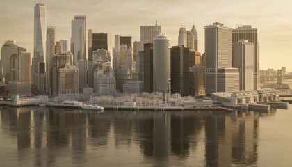 Obraz premium Dominating urban skyline, tall glass tower and high-rises reflecting on calm waterfront ferry