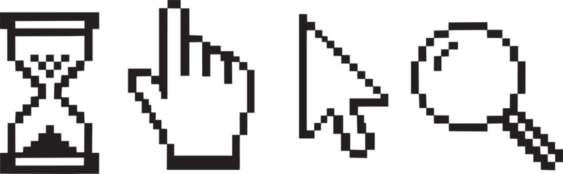 pixel art user interface icons set hourglass, cursor, hand and search vector illustration