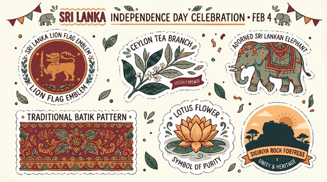 Sri lanka independence day celebration sticker sheet with cultural symbols