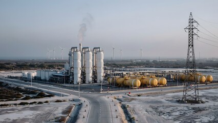 Obraz premium Industrial Power Plant with Wind Turbines and Storage Tanks in Rural Area