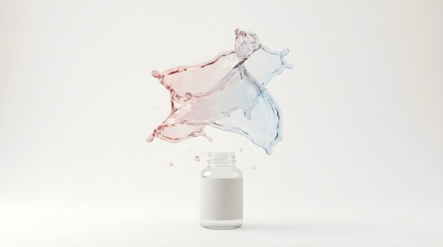 Transparent Liquid Splash Frozen Mid-Air Mockup with Subtle Red Blue Tint, High Speed Photography Style