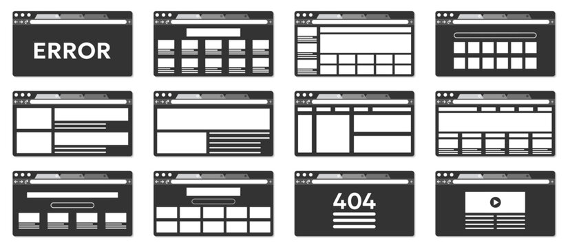 Website wireframe and browser window collection in flat style. Includes webpage layouts, interface mockups, dashboard templates and error page concepts
