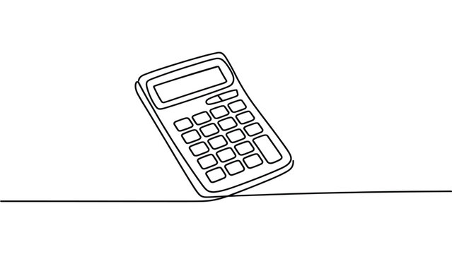  Continuous one line drawing of calculator in minimalist outline style, simple financial and accounting illustration representing mathematics, budgeting and business calculations
