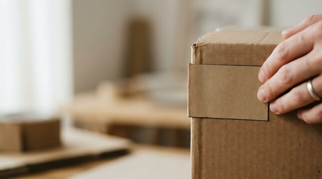Person putting a blank label on a cardboard box for shipping
