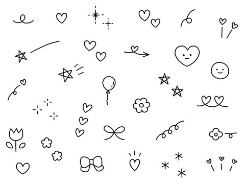 手書きの飾りイラストのベクターイラストセット。手描き、集中線、リボン、落書き、ハート、星