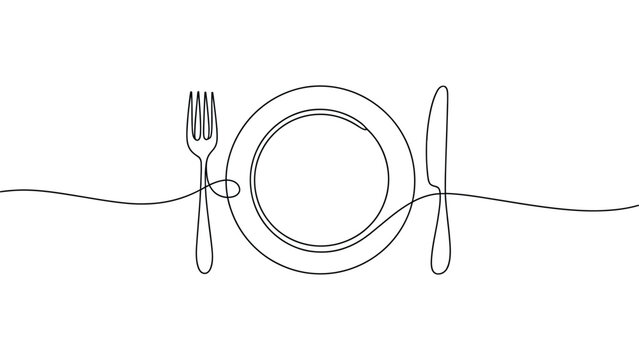Continuous one line drawing of dining table setting with plate, fork and knife, minimalist outline illustration of restaurant, food service and dining concept 