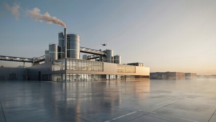 Naklejka premium Modern industrial factory building with smokestacks in early morning light