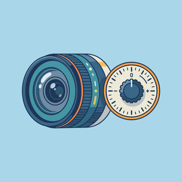Stylized camera lens with a combination lock dial on blue