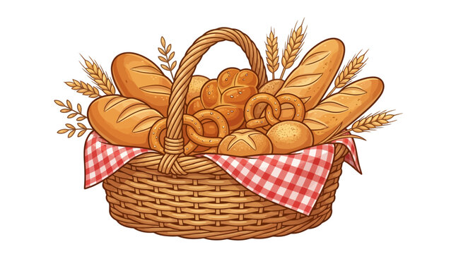 A wicker basket filled with assorted bread.