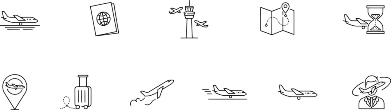 Airplane Travel and Airport Icon Set Aviation and Transportation Symbols sell outline