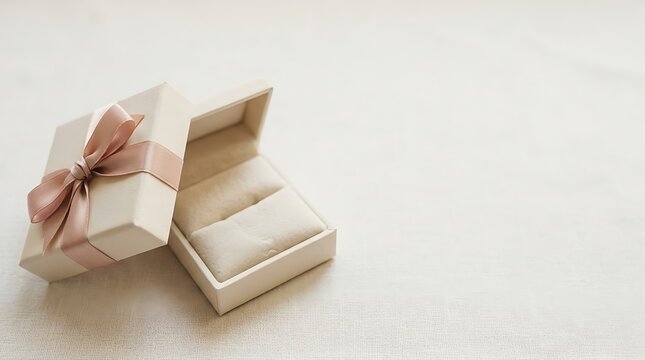 Open jewelry gift box with pink ribbon on light background