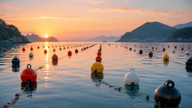 Colorful buoys arranged in rows on calm bay water at sunrise, connected to aquaculture nets.