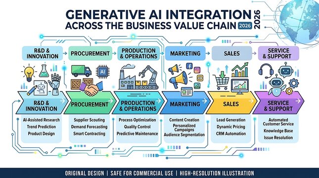 Generative ai integration across the business value chain infographic