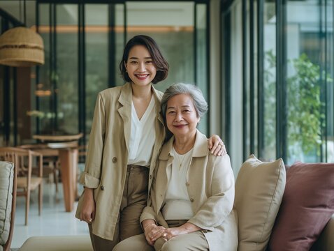 Senior woman and adult daughter sharing tea family connection concept