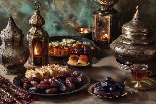 Traditional Ramadan Iftar Table with Dates Tea and Middle Eastern Sweets in Elegant Festive Setting