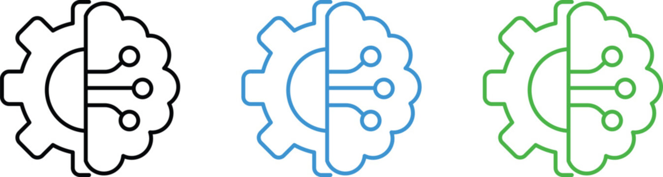 machine learning ai brain gear icon set with digital circuit lines outline vector