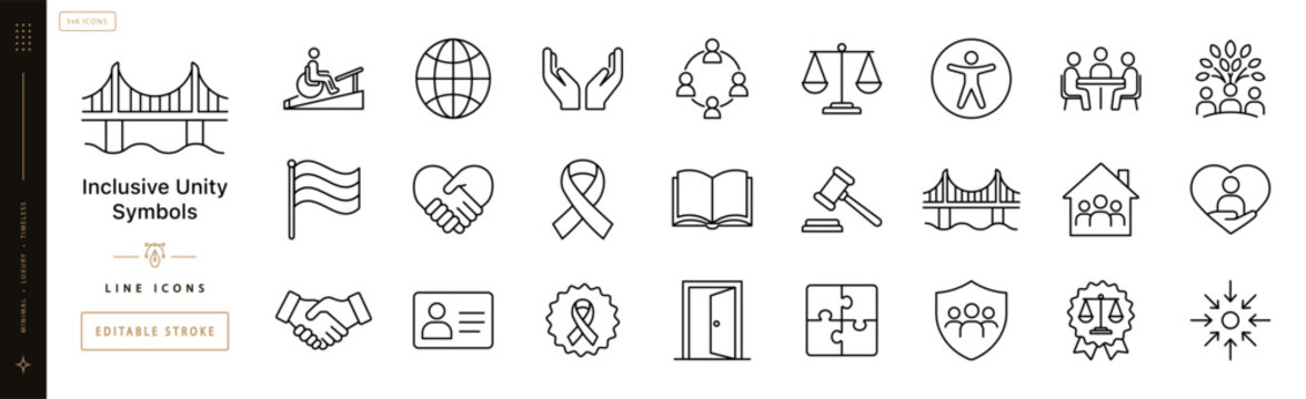 Inclusive Unity Symbols. Line icon set of Inclusivity and Diversity: wheelchair ramp, globe, open hands, community circle, equality scale, accessibility sign, multicultural flag, heart hands, support
