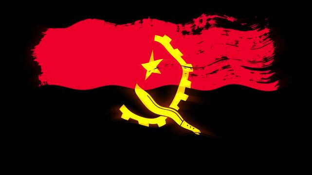 Waving torn Angola flag grunge brush burn light leaks, transparent background alpha channel loop full HD