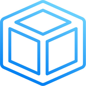 Cube 3d shape icon with blue gradient stroke outline for cube 3d shape box geometry perspective structure dimension solid isometric space on transparent background