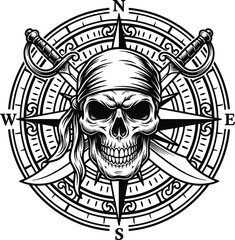 Fototapeta premium Pirate Skull Compass Rose Nautical Emblem Vector Illustration